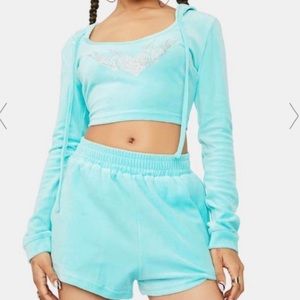 NWT Dolls Kill No Vacancy Turquoise Rhinestone Velour Shorts/Sweater Set Size M!